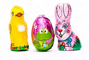Chocolate bunny, chick, and egg